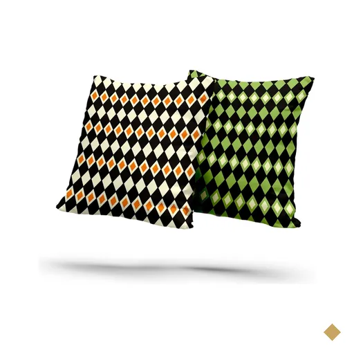 Kit 2 Almofadas Com Enchimento Xadrez Losango Laranja, Verde e Preto