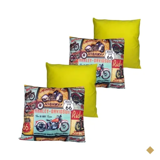 Kit 4 Capas de Almofada 40x40 cm Suede Estampa Retrô Vintage: Harley e Amarelo
