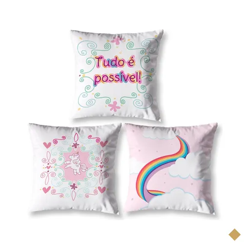 Kit 3 Almofadas Cheias Infantil Quarto Sala 40cm Unicórnio