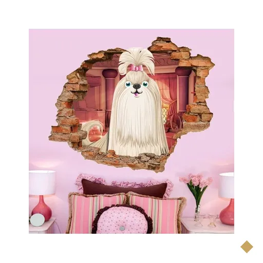 Adesivo de Parede Buraco Falso 3D Cachorrinho com Laço - G 82x100cm