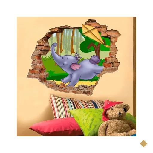Adesivo de Parede Buraco Falso 3D Elefante e Pipa - G 82x100cm