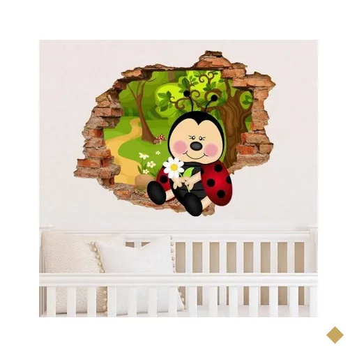 Adesivo de Parede Buraco Falso 3D Infantil Joaninha - G 82x100cm