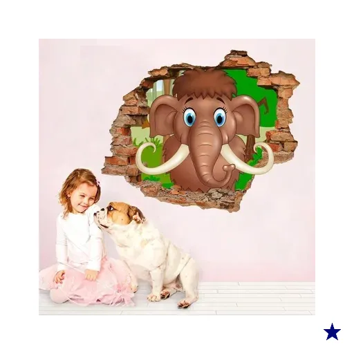 Adesivo de Parede Buraco Falso 3D Infantil Mamute - G 82x100cm