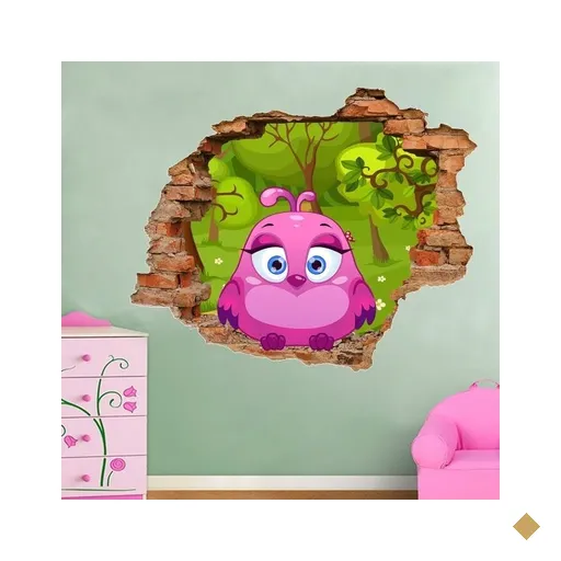 Adesivo de Parede Buraco Falso 3D Passarinho Rosa - G 82x100cm