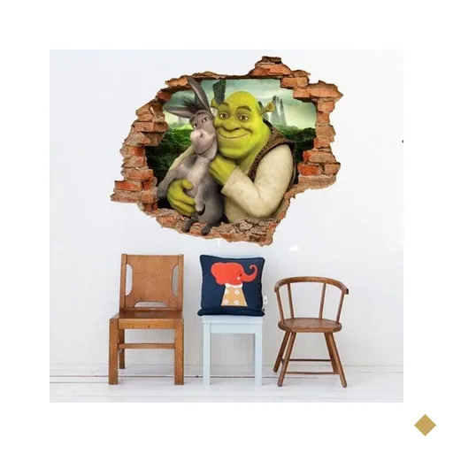 Adesivo de Parede Buraco Falso 3D Shrek e Burro - G 82x100cm