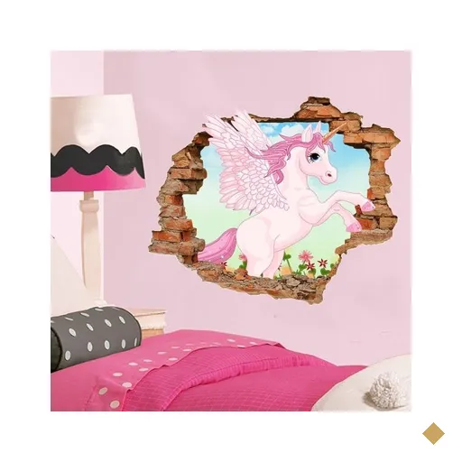 Adesivo de Parede Buraco Falso 3D Infantil Unicórnio - G 82x100cm
