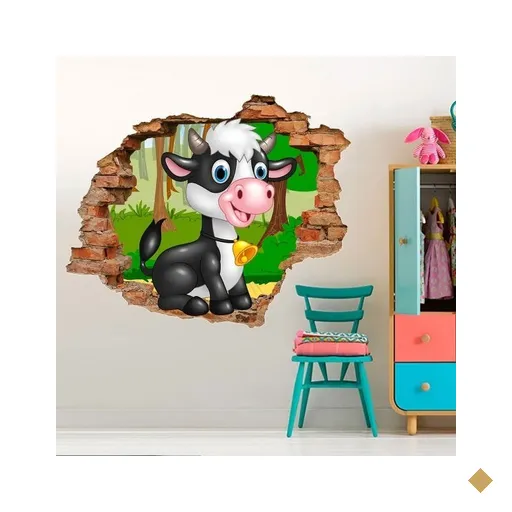 Adesivo de Parede Buraco Falso 3D Infantil Vaquinha - G 82x100cm