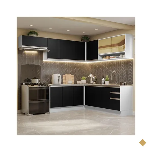 Armário de Cozinha Completa de Canto 469cm Branco/Preto Glamy Madesa 01