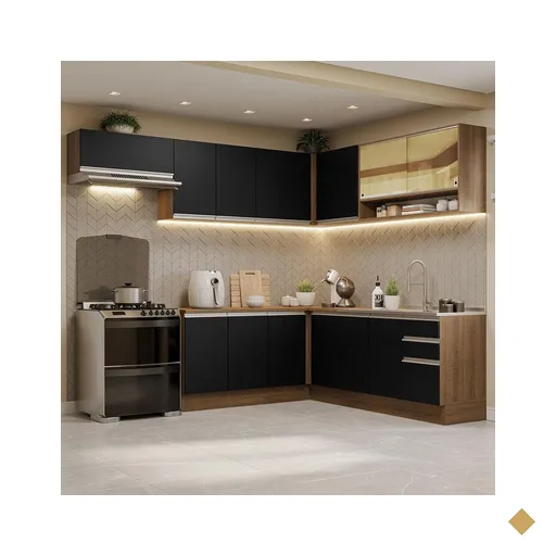 Armário de Cozinha Completa de Canto 469cm Rustic/Preto Glamy Madesa 01