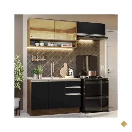 Armário de Cozinha Compacta 200cm Rustic/Preto Glamy Madesa 08