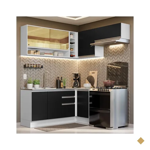 Armário de Cozinha Completa de Canto 349cm Branco/Preto Glamy Madesa 06