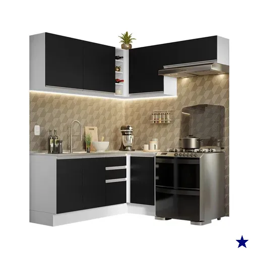Armário de Cozinha Completa de Canto 349cm Branco/Preto Glamy Madesa 07