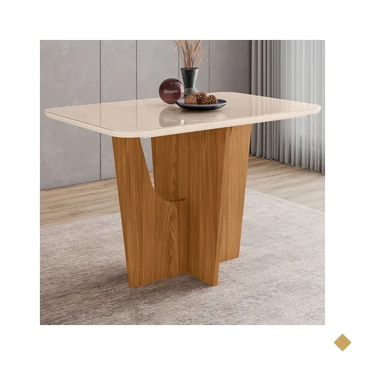 Mesa De Madeira Danielly Com Vidro Nature/off White Sci44 - Henn