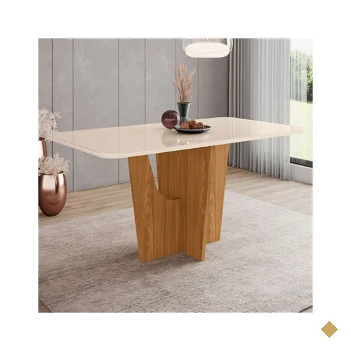 Mesa De Madeira Danielly Com Vidro Nature/off White Sci35 - Henn