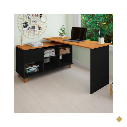 Mesa Escrivaninha Em L Retrô 2 Gavetas 5 Nichos Gold - Artany Móveis