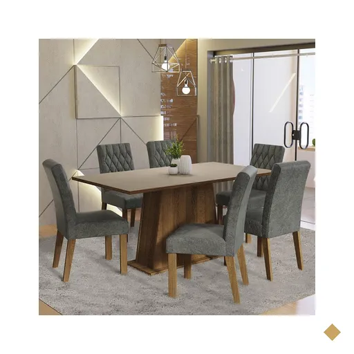 Conjunto Sala de Jantar Mesa Tampo de Madeira 6 Cadeiras Rustic/Crema/Silver…