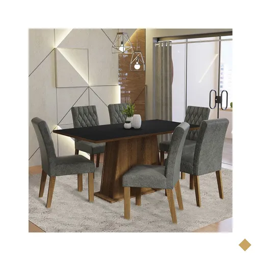 Conjunto Sala de Jantar Mesa Tampo de Madeira 6 Cadeiras Rustic/Preto/Silver…