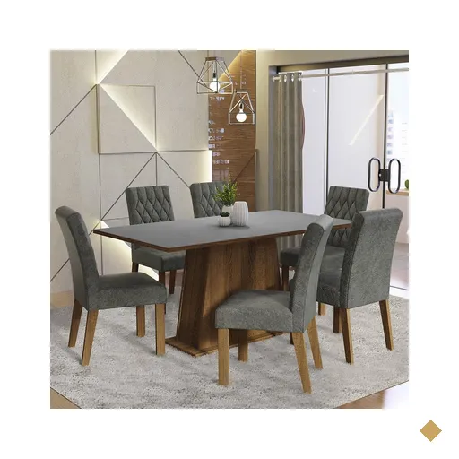Conjunto Sala de Jantar Mesa Tampo de Madeira 6 Cadeiras Rustic/Cinza/Silver…