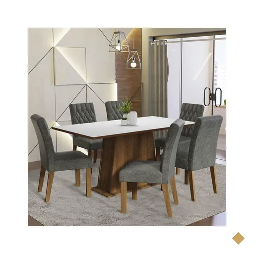 Conjunto Sala de Jantar Mesa Tampo de Madeira 6 Cadeiras Rustic/Branco/Silver…
