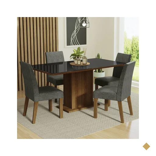 Conjunto Sala de Jantar Mesa Tampo de Vidro 4 Cadeiras Rustic/Preto/Silver…
