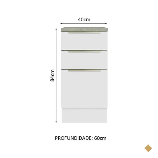Balcão 40 cm 3 Gavetas Branco/Branco Veludo Lux Madesa