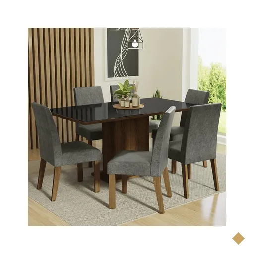 Conjunto Sala de Jantar Mesa Tampo de Vidro 6 Cadeiras Rustic/Preto/Silver…