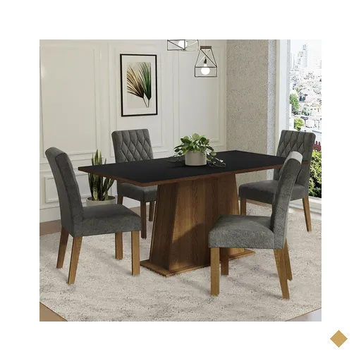 Conjunto Sala de Jantar Mesa Tampo de Madeira 4 Cadeiras Rustic/Preto/Silver…