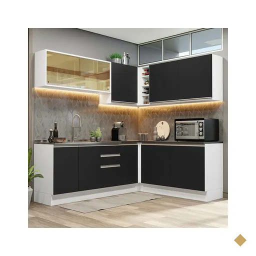 Armário de Cozinha Completa de Canto 100% MDF 389cm Branco/Preto Acordes…