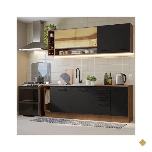 Armário de Cozinha Completa 220cm Rustic/Preto Agata da Thêmis Madesa