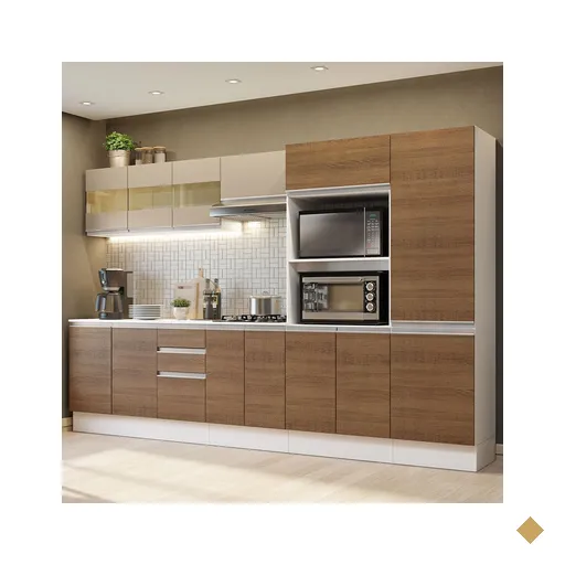 Armário de Cozinha Completa 100% MDF 300cm Branco/Rustic/Crema Smart Madesa 02