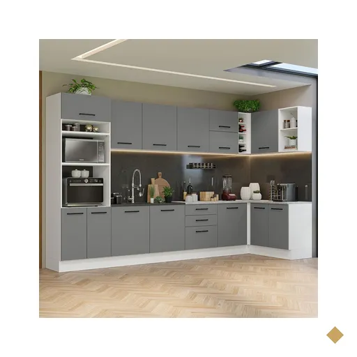 Armário de Cozinha Completa de Canto 499cm Branco/Cinza Agata Madesa 01