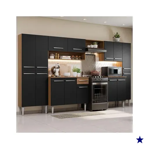 Armário de Cozinha Completa 325cm Preto/Rustic Emilly Joy Madesa