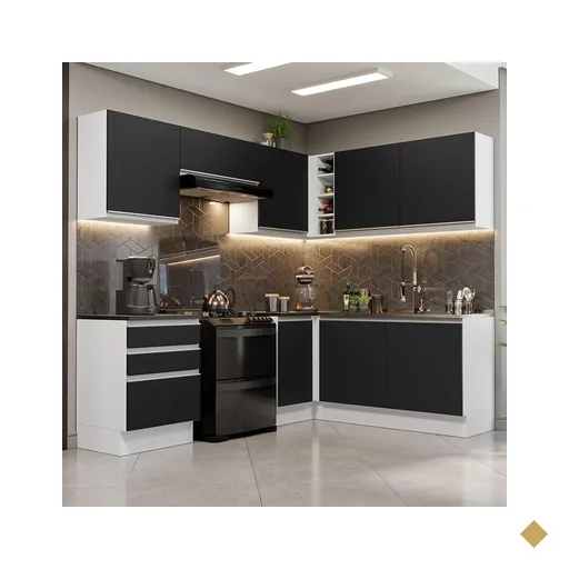 Armário de Cozinha Completa de Canto 100% MDF 409cm Branco/Preto Acordes…