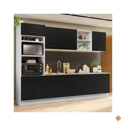 Armário de Cozinha Completa 310cm Branco/Preto Agata Madesa 02
