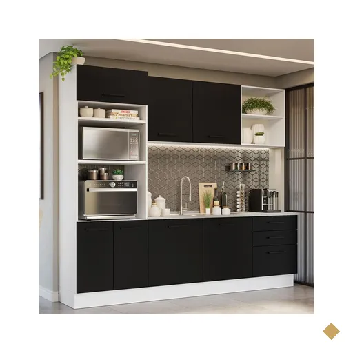 Armário de Cozinha Completa 250cm Branco/Preto Agata Madesa 01