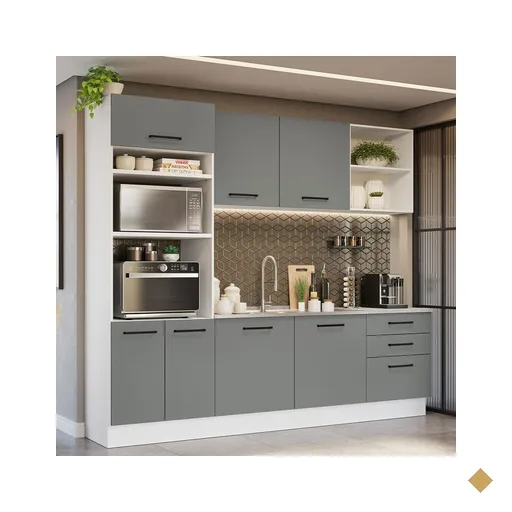 Armário de Cozinha Completa 250cm Branco/Cinza Agata Madesa 01