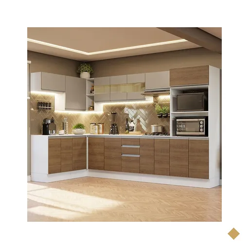 Armário de Cozinha Completa de Canto 100% MDF 447cm Branco/Rustic/Crema Smart…