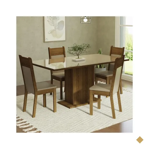 Conjunto Sala de Jantar Mesa Tampo de Vidro 4 Cadeiras Crema/Rustic/Bege Greta…