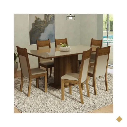 Conjunto Sala de Jantar Mesa Tampo de Vidro 6 Cadeiras Crema/Rustic/Bege…