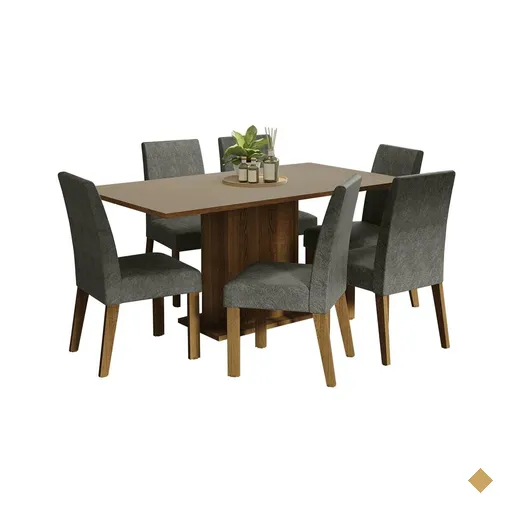 Conjunto Sala de Jantar Mesa Tampo de Madeira 6 Cadeiras Rustic/Crema/Silver…