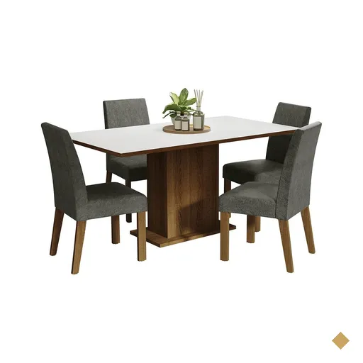 Conjunto Sala de Jantar Mesa Tampo de Madeira 4 Cadeiras Rustic/Branco/Silver…