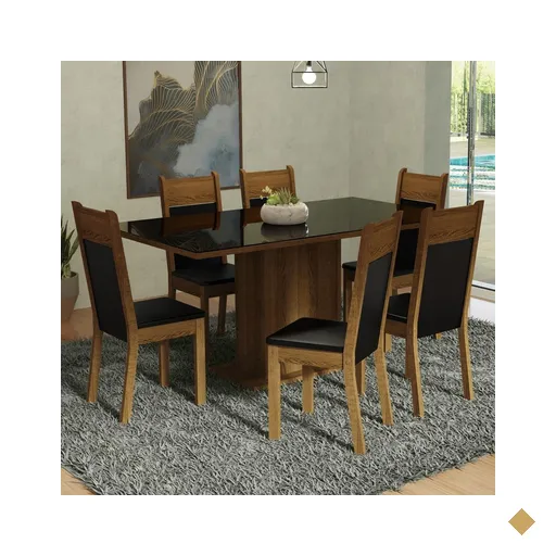 Conjunto Sala de Jantar Mesa Tampo de Vidro 6 Cadeiras Preto/Rustic Francine…