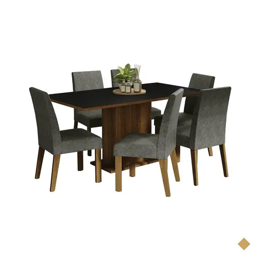 Conjunto Sala de Jantar Mesa Tampo de Madeira 6 Cadeiras Rustic/Preto/Silver…