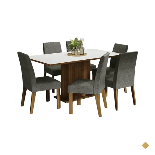 Conjunto Sala de Jantar Mesa Tampo de Madeira 6 Cadeiras Rustic/Branco/Silver…