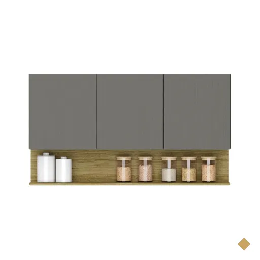 Armário Aéreo de Cozinha 3 Portas com Nicho 1,20m Freijó / Cinza Line Kits…