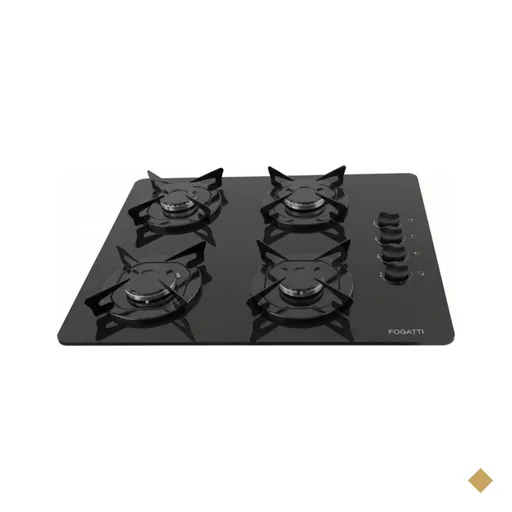 Cooktop Fogatti à Gás FGT 4B Vidro Preto Flange Esmaltada