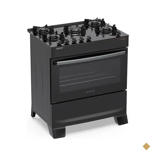 Fogão 5 Bocas Atenas com Mesa de Vidro A Gás Bivolt - Preto Atlas