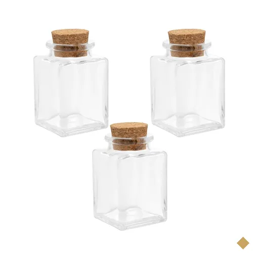3 Mini Potes Quadrados de Vidro com Tampa de Rolha 90ml Lyor Porta Temperos…