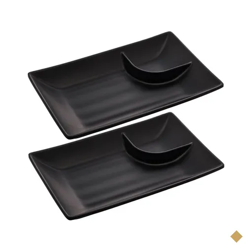 Kit 2 Pratos para Sushi com Molheira Melamina Pretos 19x12,5cm Lyor Tóquio…