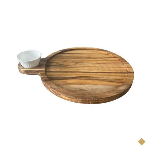 Petisqueira Tábua Teca 23cm Servir com Cabo e Ramekin 30ml Redonda Aperitivos…
